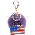 Fashion bag charm fur ball keychain with crystal America flag